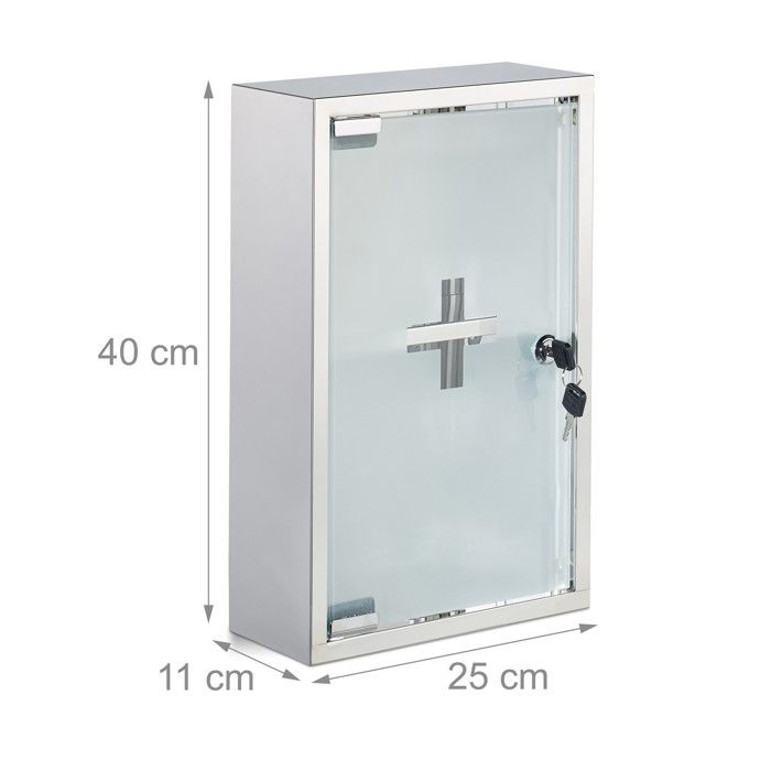 Armoire à Pharmacie EMERGENCY Relaxdays - 30x30x12 Cm - Inox/Verre - Verrouillable - Croix Décorative