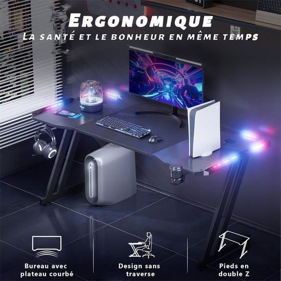 Bureau Gaming GTPLAYER 120x60cm Avec LED, Tapis Souris Et Crochet Casque