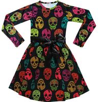 Enfants Filles Patineuse Robe Skeleton Imprimé Doux Confortable Panneaux Contrastés Fête d'Halloween Mode Robes Âge 5-13 Ans