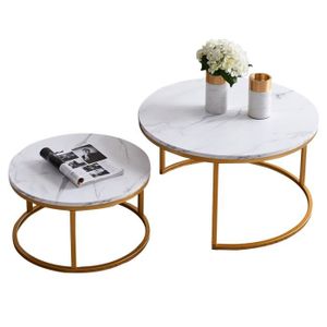 TABLE BASSE Table basse gigogne ronde moderne - Cadre en métal, panneau à motif marbré - 80 x 45 cm + 60 x 33 cm - Or