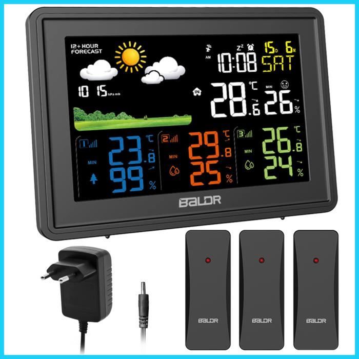 Station météo sans fil avec 3 capteurs, thermomètre numérique à grand écran  LCD, station météorologique avec prévisions météorologiques, température,  humidité, alarme clo