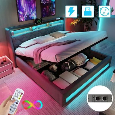Lit Coffre 140x190 Avec Rangement, LED RGB Et Ports USB - Sommier Lattes, Tiroirs, Tête De Lit Hydraulique - Gris Foncé Lin