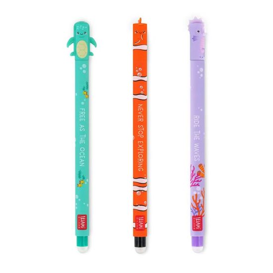 Legami - Lot de 3 stylos gel effaçables, sous la mer, stylos avec encre effaçable thermosensible, turquoise, noir, violet,