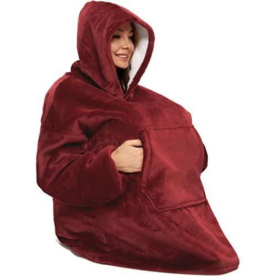 Bedsure Couverture à Capuche Avec Manches – Plaid Portable Sherpa Doux & Chaud Bordeaux – 95 X 85 Cm, Idéal Canapé, Lit, Soirées Hiver