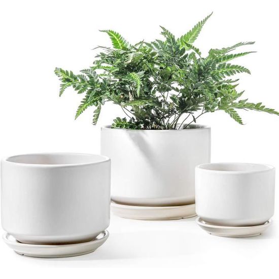 Pot De Fleur En Céramique Rayé Rétro - Avec Soucoupe Et Trou De Drainage - Dimensions 33 Cm - Style Nordique