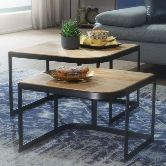 Finebuy table basse de salon lot de 2 bois et metal 60x45x60 cm marron noir, petite table de canapé table gigogne