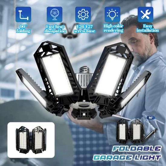 Lampe LED Garage Pliable – 3 Panneaux Réglables, éclairage Grand Angle, Blanc Chaud