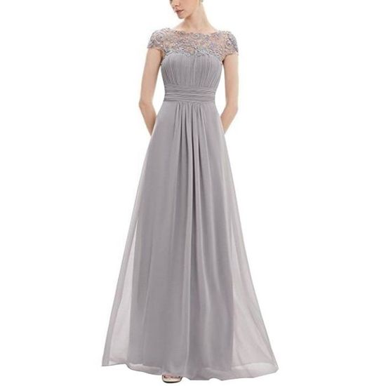 Robe De Cocktail Longue En Dentelle Et Mousseline - Style élégant Manches Courtes Pour Soirée, Mariage, Bal