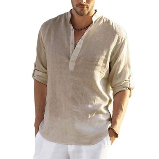 Chemise Homme Blanche Lin Et Casual Slim Fit Col en V Manche