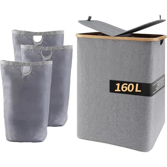 Poubelle De Tri 2 Compartiments VIBINHO 141L Avec Couvercle - Pour Bouteilles, Pliable, Avec 2 Sacs Oxford - Gris