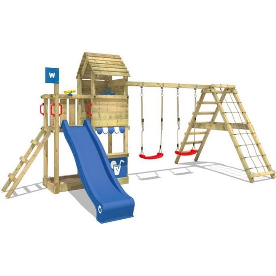 Wickey Aire de jeux Balançoire Maison de jeux en bois avec toboggan WICKEY Smart Cave 