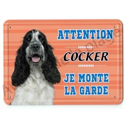 Pancarte métal Attention au chien - Cocker noir et blanc Multicolore