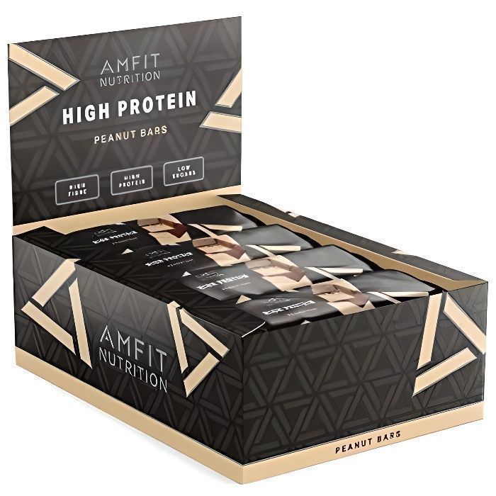 Marque Amazon - Amfit Nutrition Barre protéinée à faible teneur en sucre (19,5gr protéine- 1,7gr sucre) - cacahuètes - Pack de 12