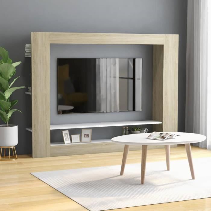 CHEZZOE Meuble TV Design - Meuble de rangement Meuble de Télévision Blanc et chêne sonoma 152x22x113 cm Aggloméré ☺41310