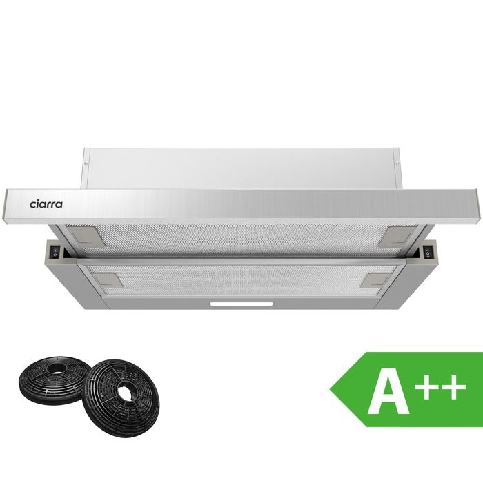 CIARRA Hotte Tiroir Escamotable - 60cm - 370 m3/h - avec 2pcs Filtre à charbon - Classe A - LED Eclairage - Inox
