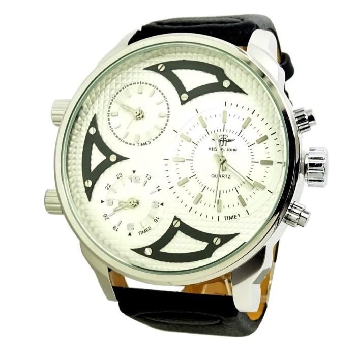 MONTRE HOMME MR DADDY 2.0 NOIR BLANC DESEL CUIR ARGENT 3 FUSEAUX HORAIRE XXL MJ