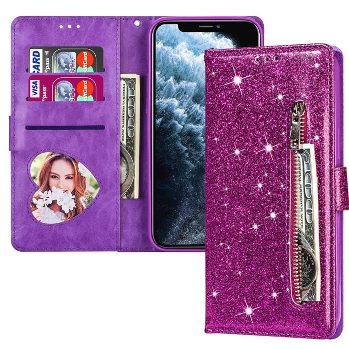 Étui à Rabat OPPO A74 5G Coque Violet Paillette Glitter Housse Portefeuille en Cuir PU avec Porte-Carte
