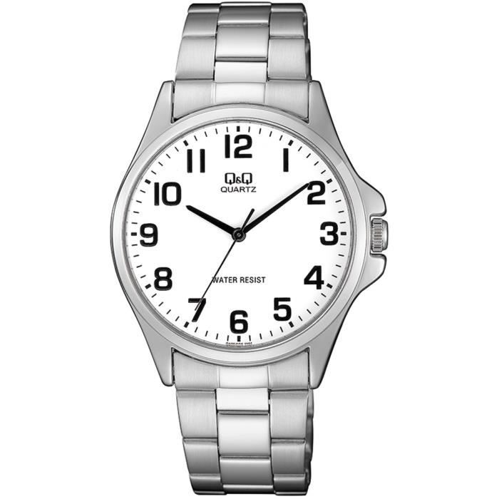 Montre homme Q&amp Q, modèle QA06J204Y. Montre en métal, bracelet en métal de couleur et cadran blanc. Horloge analogique pour