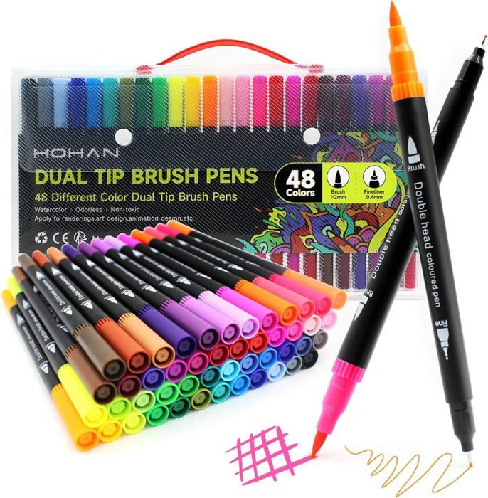 Feutres Coloriage 48 Couleurs Double Pointe - Feutres Aquarelle Pointe Fine 0.4mm Et Brosse