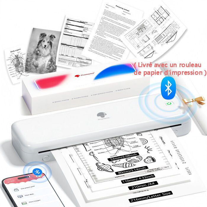 Mini Imprimante Portable Bluetooth Imprimante Thermique sans Encre Supports Multiple Sizes of Thermal Paper