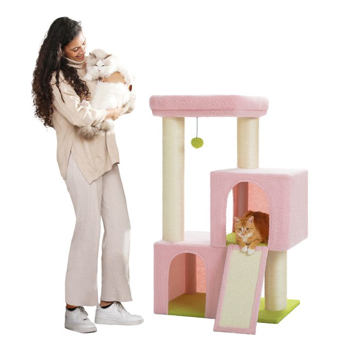Comparer les prix de PAWZ Road Grand Arbre a Chat, Arbre à Chat avec Poteaux XXL 11 cm en Sisal, Double Condos & Perchoir de 52*54 cm, 114 cm Rose