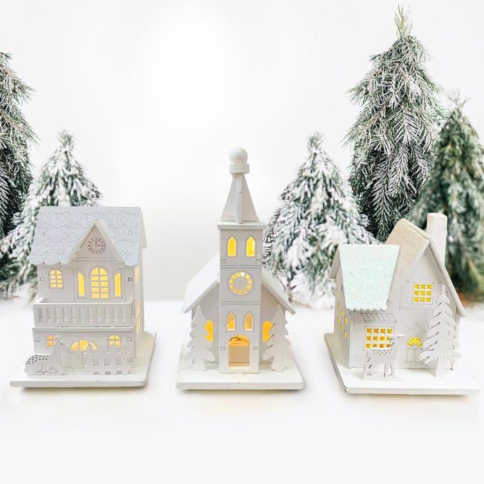 Maisonnette De Noël En Bois LED - Décoration Festive Pour Table Ou Sapin - 3 Maisons Lumineuses à Personnaliser