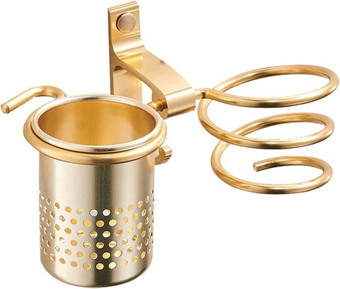 Support de sèche-cheveux avec support pour tasses étagère de rangement murale en métal pour salle de bain doré