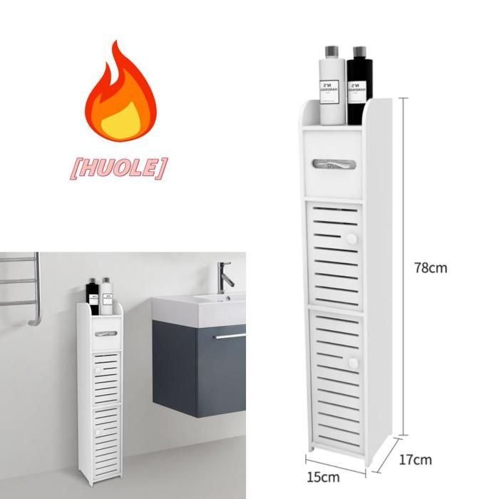 Etagère de salle de bain rangement 17*15*78cm étagère à double porte gain de place étanche et stable blanc.