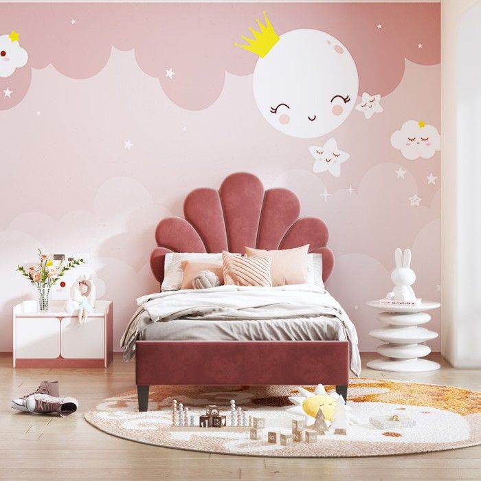 Lit enfant 90x200cm cadre avec tête de lit fleur + sommier lattes velours doux rouge - lit ado fille ou dappoint- sans Matelas