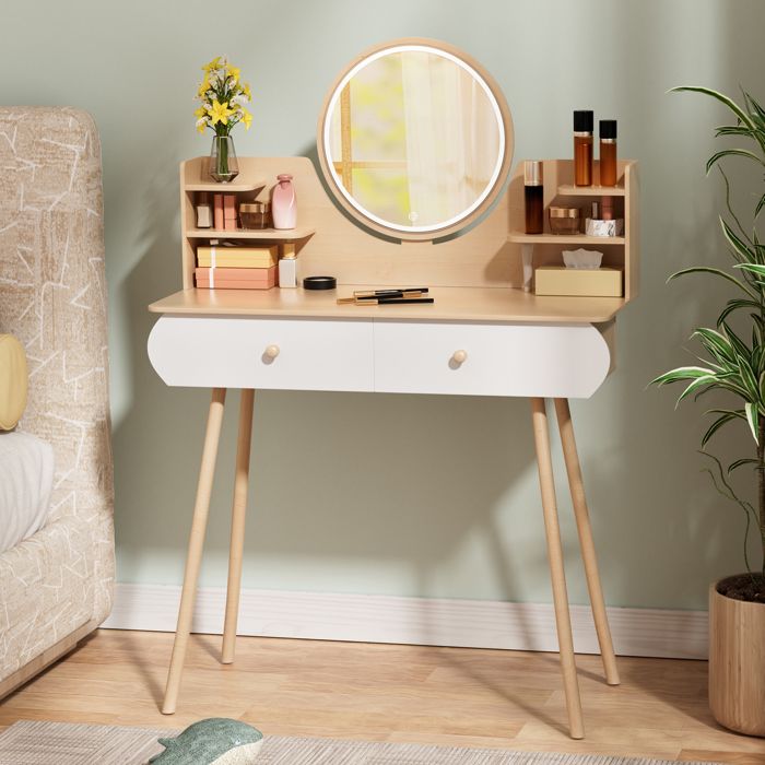 Coiffeuse avec Miroir LED et Etagère à Bijoux - NHHF - 3 Modes Déclairage Réglable - avec 2 Tiroirs - 80 × 40 × 120 cm