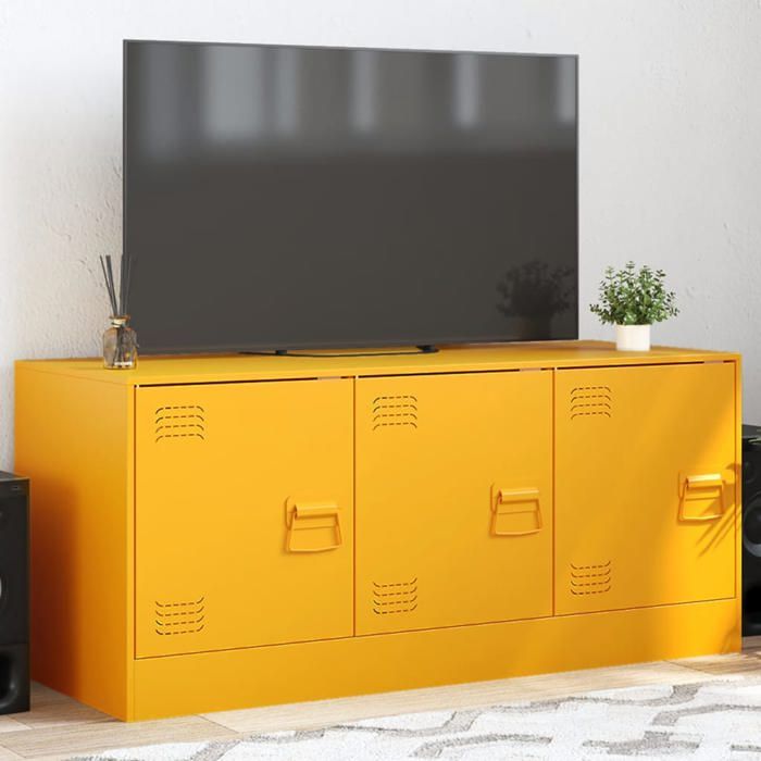 Meuble TV en acier - VIDAXL - Jaune moutarde - 99x39x44 cm - Capacité 80 kg - 3 compartiments - Poignées en métal