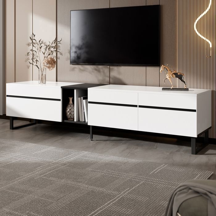 Meuble TV Bas - 180 x 38 x 45 cm - Porte Abattante - Niche Ouverte et Portes - Meuble Télévision - Bois Blanc et Noir