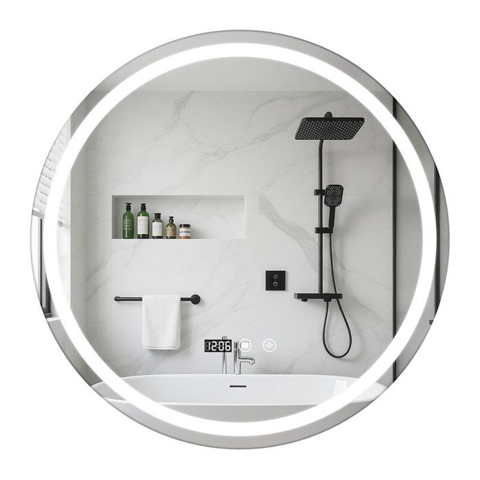 Miroir Salle de Bain Rond - FIANAO - LED Éclairage - Anti-Buée - Affichage Température et Heure - Verre Trempé Sécurisé - 60x60cm