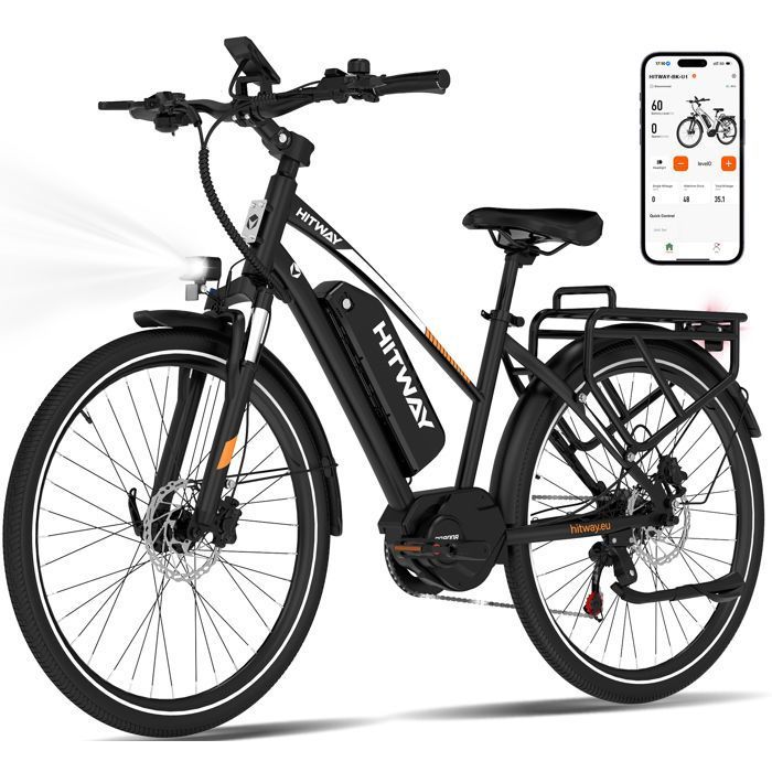 HITWAY  V&eacute;lo &eacute;lectrique BKU1 275 batterie 36V 13Ah moteur central 7 vitesses 25 km/h autonomie 180 km max noir