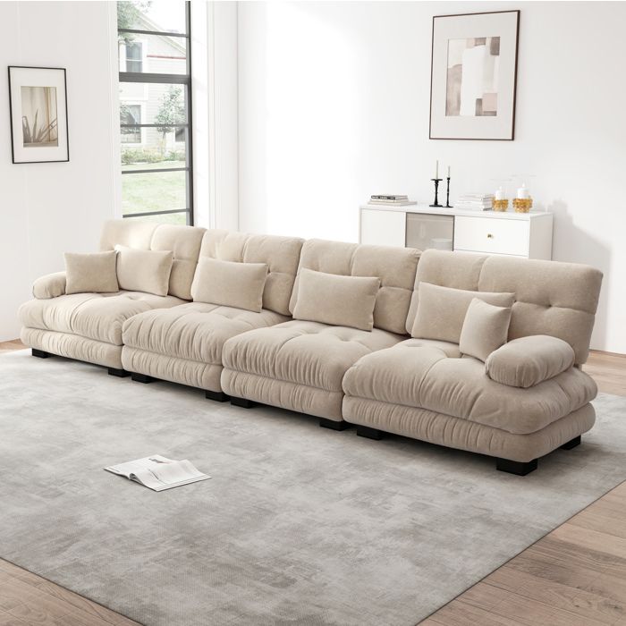 Canapé droit 4 places avec 6 coussins. canapé rembourré.chambre/ salon. tissu chenille. 406×77×81cm. beige foncé