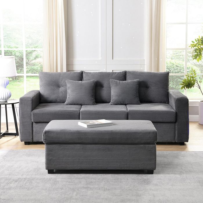 Canapé dangle 3 places + pouf modulaire - LED modulable - Tissu velours gris - Mousse 15cm haute densité