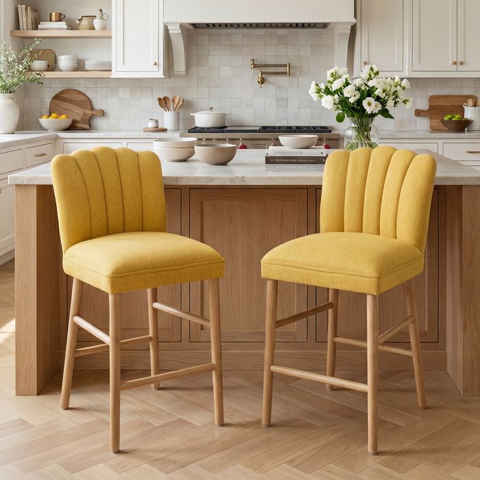 DAYALANE Lot de 2 Tabouret de Bar en Chenille Pieds en Bois Chaise de Bar avec Dossier Matelassé en Coquillage pour Cuisine Jaune