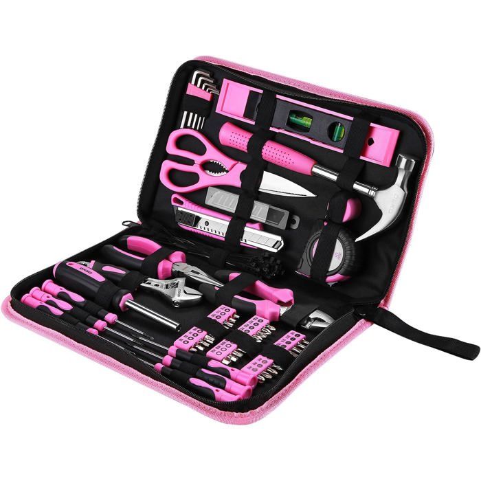 Kit doutils ménagers - LEVYS - 110 pièces - Rose - Sac de rangement compact - Marteau - Niveau - Pince - Clés à molette