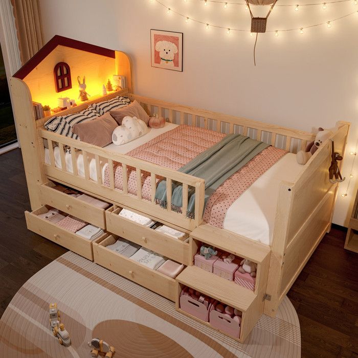 Lit demi-hauteur 90x200cm forme de Maison Fenêtre 4 tiroirs Barre Lumineuse LED échelle de stockage sans matelas nature