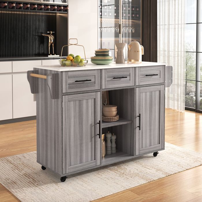 Desserte de cuisine 139x46-71x91.5 cm plateau rabattable 3 tiroirs MDF gris effet marbre blanc