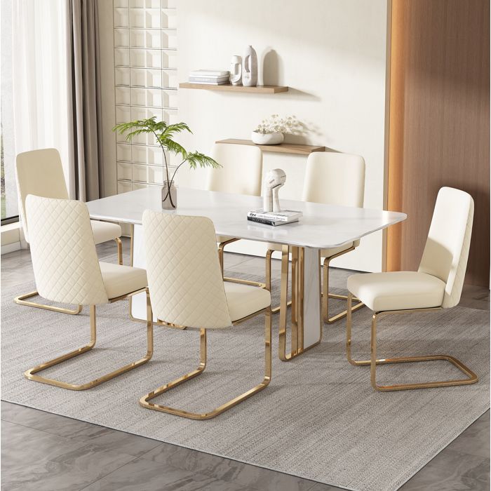 Ensemble de 6 fauteuils lounge avec dossier diamant en velours beige et pieds métalliques dorés