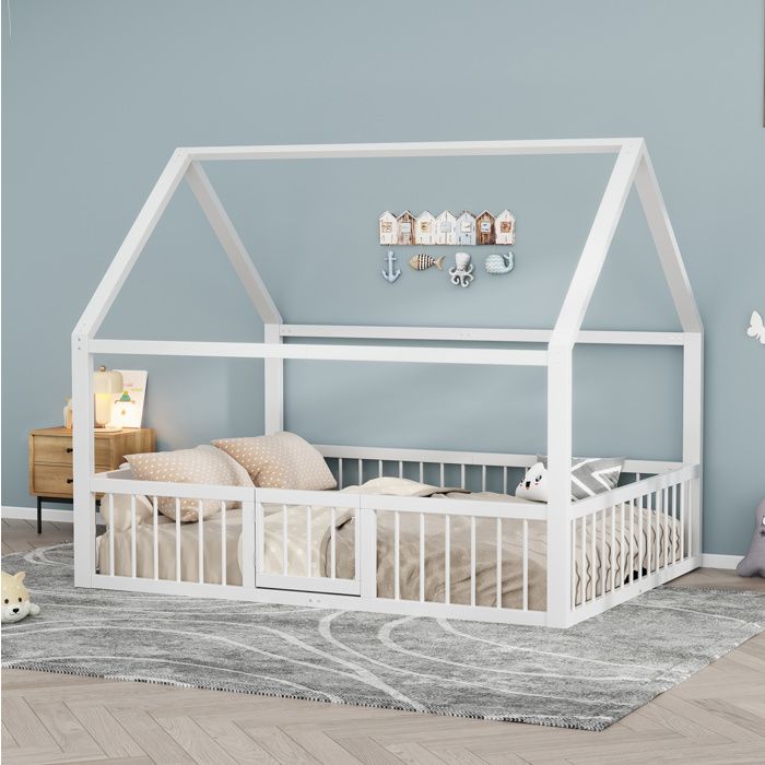 Lit Cabane Enfant 2 Places 140 × 200 cm avec Barrières et Petite Porte - TCQPZ - sans matelas Métal - Blanc