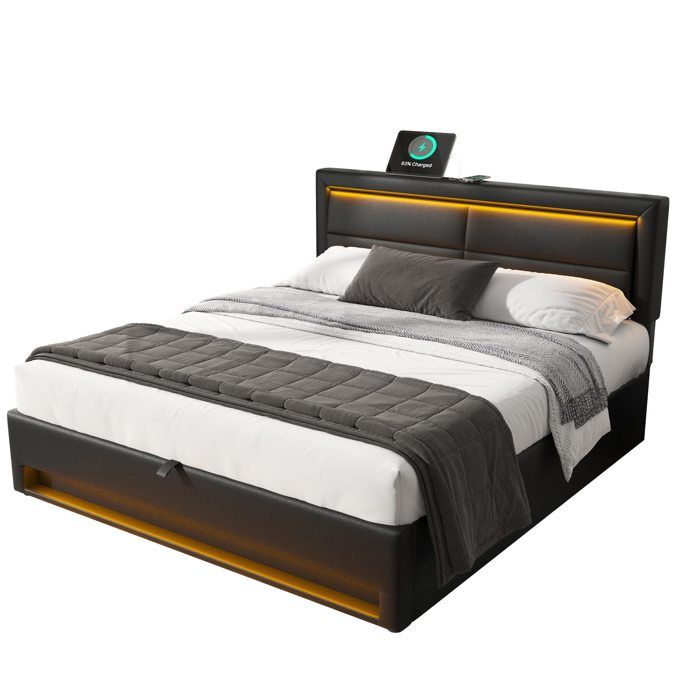 Lit rembourré 140 x 190 cm – Sommier coffre USB LED – PU noir – 2 places