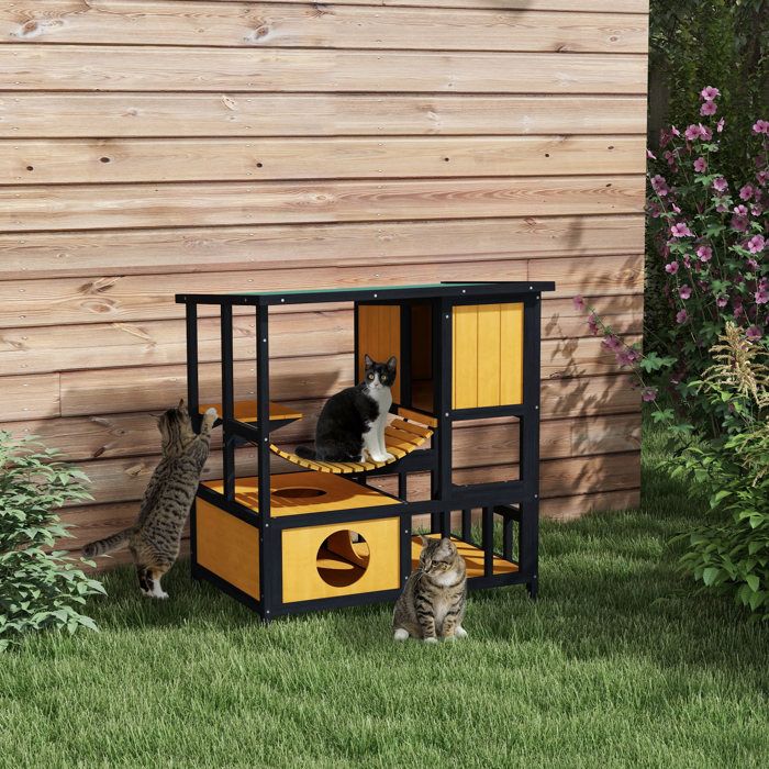 Maison pour chat 845 x 60 x 88 cm vert et naturel résistante aux intempéries 1 rampe et 1 plateforme
