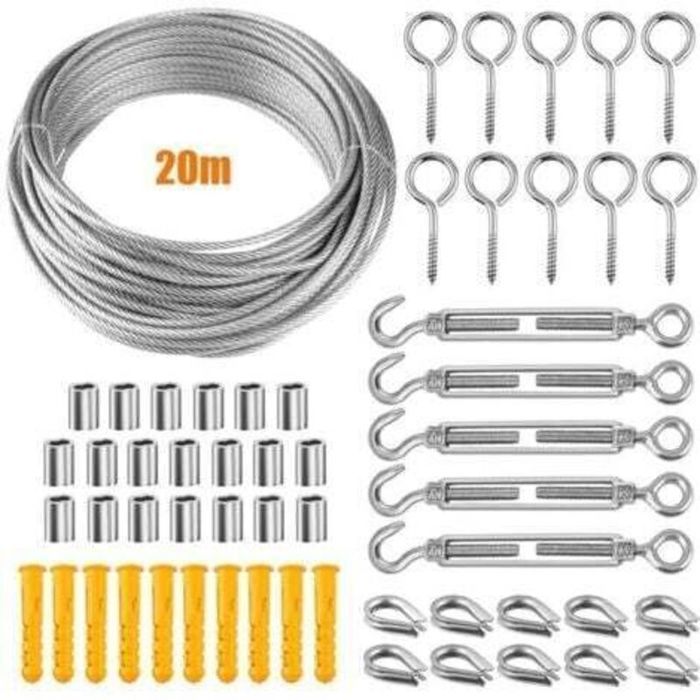 Kit de fixation dauvent Kit de matériel de voile dombrage avec câble métallique de 20 m Kit de fixation de voile dombrage en
