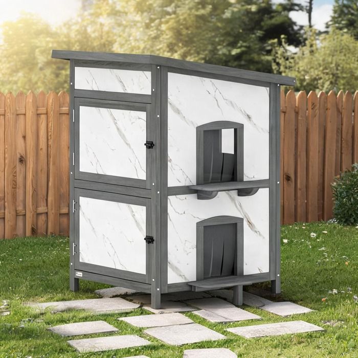 Maison pour chat dextérieur 60x60x88 cm à deux niveaux bois épicéa blanc et soft gray