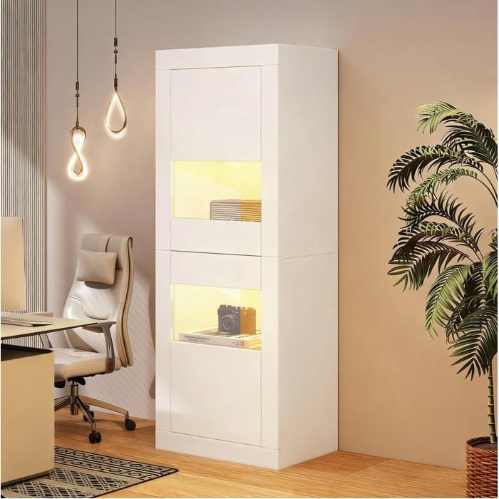 Vitrine sur pied blanche 61 x 42 x 162 cm avec LED USB 2 portes 3 étagères réglables en verre trempé