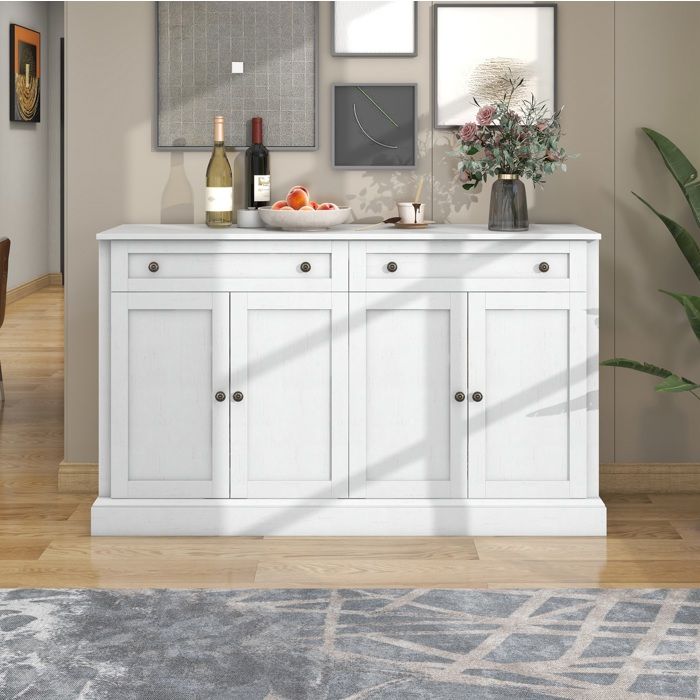 Buffet bas 4 portes 2 tiroirs EVRYAE 150 x 40 x 86 cm avec étagères réglables blanc antique