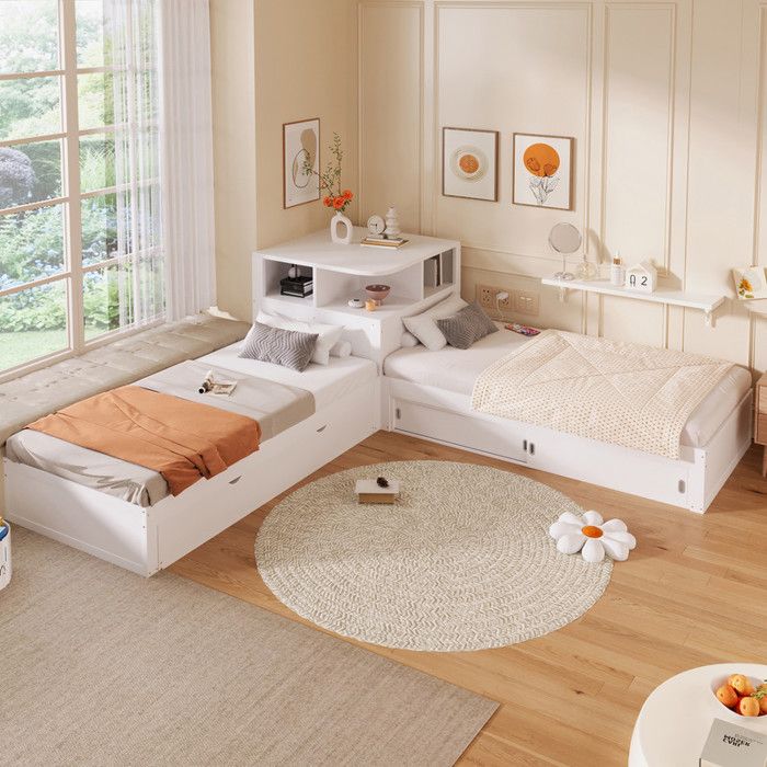 Lit 90x200 avec lit gigogne pratique et porte de rangement coulissante Lit plateforme en L avec veilleuse incluse Blanc