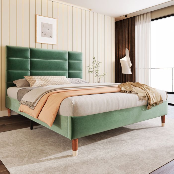 Lit double rembourré 140x200 cm en velours vert foncé avec tête de lit capitonnée et sommier à lattes